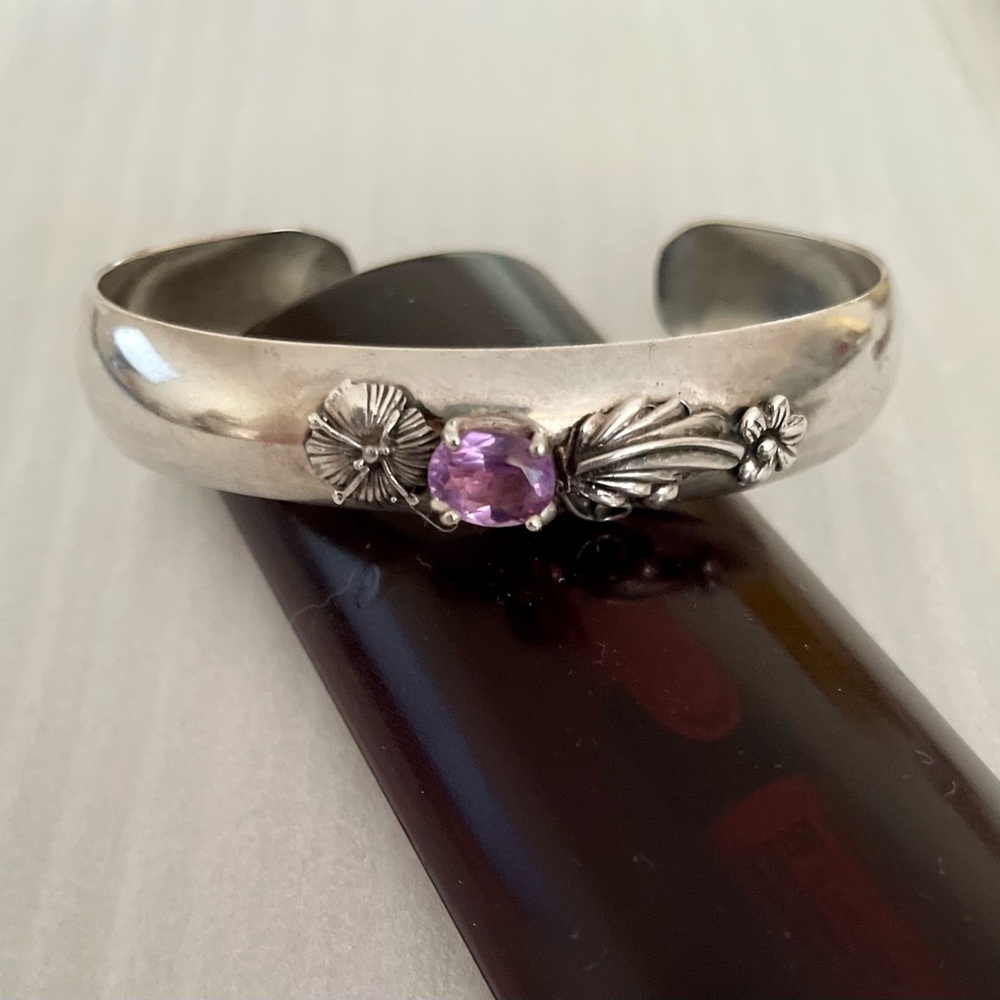 Sterling Silver Cuff Bracelet with Purple Amethyst